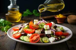 griego ensalada con queso feta queso y aceituna petróleo en lámina. griego sano comida foto