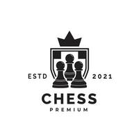 Minimalist chess vector logo with shield, pawn icon silhouette with crown suitable for chess match