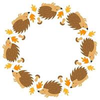 Vector round frame with cute hedgehogs, mushrooms and autumn leaves in cartoon style. Forest animals and plants. Autumn in the forest. Space for text.