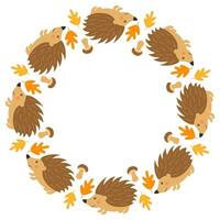 Vector round frame with cute hedgehogs, mushrooms and autumn leaves in cartoon style. Forest animals and plants. Autumn in the forest. Space for text.