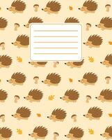 Cover design for notebooks, planners with the image of funny hedgehogs and mushrooms. Vector illustration in cartoon style