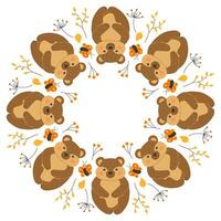 Vector round frame with cute bears, butterflies, twigs and leaves in cartoon style. Forest animals and plants. Autumn in the forest. Space for text.