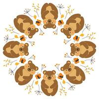 Vector round frame with cute bears, butterflies, twigs and leaves in cartoon style. Forest animals and plants. Autumn in the forest. Space for text.