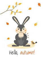 A4 poster with a cute rabbit, a bird and autumn leaves in cartoon style. Forest animals and plants. Hello, autumn. vector