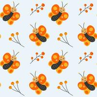 Seamless pattern with cute butterflies and twigs with berries in cartoon style. Insects and plants. Vector illustration.