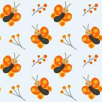 Seamless pattern with cute butterflies and twigs with berries in cartoon style. Insects and plants. Vector illustration.