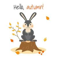 Vector illustration with a cute rabbit on a stump and autumn leaves in cartoon style. Forest animals and plants. Hello, autumn.