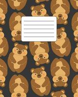 Cover design for notebooks, planners with the image of a funny bear on a dark background. Vector illustration in cartoon style.