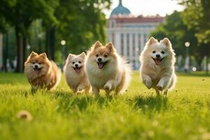 Cute funny dogs running in park. Generative AI photo