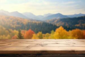 Wooden table top on blurred background of autumn color landscape in dolomites - for display your products photo