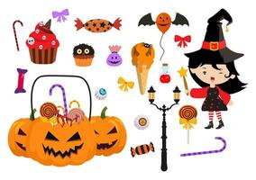 Set Halloween Elements Vector Illustration with Various Kinds of Things like Ghosts, Pumpkins, Skulls, Candies and More Cartoon Background Templates