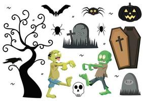 Set Halloween Elements Vector Illustration with Various Kinds of Things like Ghosts, Pumpkins, Skulls, Candies and More Cartoon Background Templates