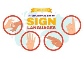 internacional día de firmar idiomas vector ilustración con personas espectáculo mano gestos y escuchando invalidez en plano dibujos animados mano dibujado plantillas