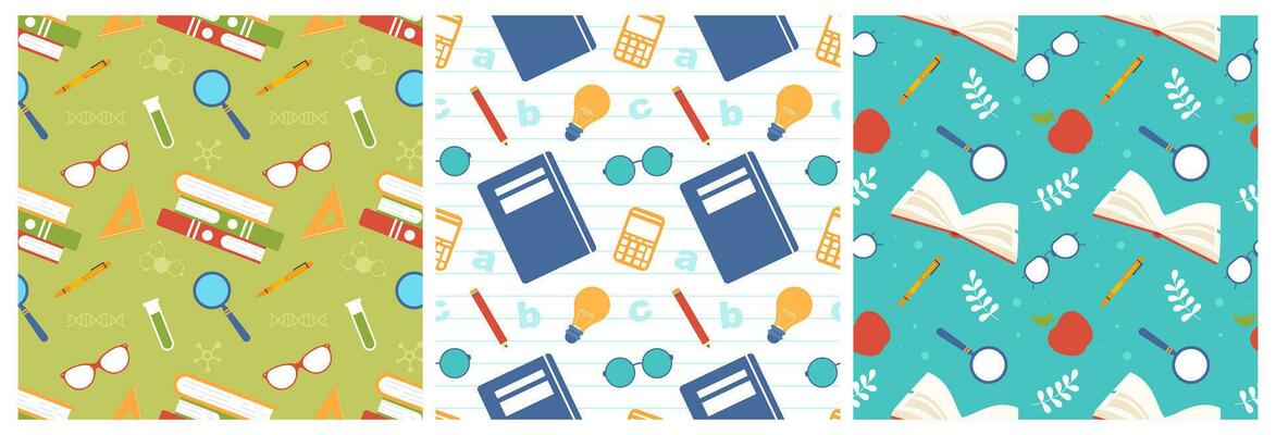 Set of Happy Teacher Seamless Pattern Design Educational Style Elements in Template Hand Drawn Cartoon Flat Illustration