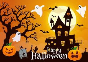 Halloween Night Background Vector Illustration with Pumpkins on the Moonlight and Several Other Elements in Flat Cartoon Hand Drawn Templates