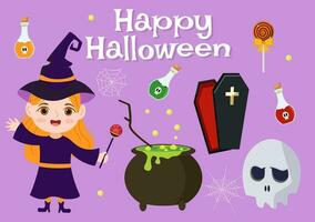 Set Halloween Elements Vector Illustration with Various Kinds of Things like Ghosts, Pumpkins, Skulls, Candies and More Cartoon Background Templates