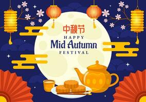 Happy Mid Autumn Festival Vector Illustration with Rabbits Carrying Lanterns and Enjoy Mooncake Celebrate on the Night of the Full Moon Templates