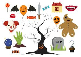 Set Halloween Elements Vector Illustration with Various Kinds of Things like Ghosts, Pumpkins, Skulls, Candies and More Cartoon Background Templates