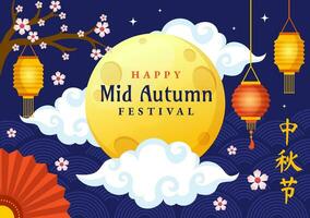 Happy Mid Autumn Festival Vector Illustration with Rabbits Carrying Lanterns and Enjoy Mooncake Celebrate on the Night of the Full Moon Templates