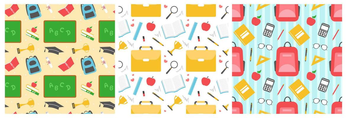 Set of Happy Teacher Seamless Pattern Design Educational Style Elements in Template Hand Drawn Cartoon Flat Illustration