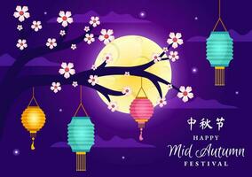 Happy Mid Autumn Festival Vector Illustration with Rabbits Carrying Lanterns and Enjoy Mooncake Celebrate on the Night of the Full Moon Templates