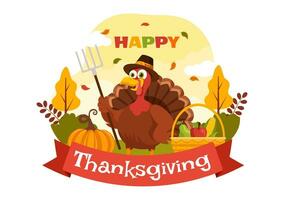 Happy Thanksgiving Day Vector Illustration with Turkey Bird, Pumpkin, Leaves and Many Others Elements Background Flat Cartoon Hand Drawn Templates