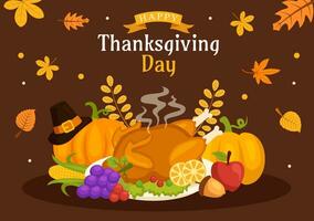 Happy Thanksgiving Day Vector Illustration with Turkey Bird, Pumpkin, Leaves and Many Others Elements Background Flat Cartoon Hand Drawn Templates