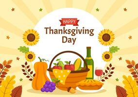 Happy Thanksgiving Day Vector Illustration with Turkey Bird, Pumpkin, Leaves and Many Others Elements Background Flat Cartoon Hand Drawn Templates