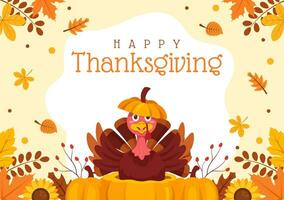 Happy Thanksgiving Day Vector Illustration with Turkey Bird, Pumpkin, Leaves and Many Others Elements Background Flat Cartoon Hand Drawn Templates