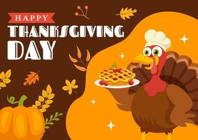 Happy Thanksgiving Day Vector Illustration with Turkey Bird, Pumpkin, Leaves and Many Others Elements Background Flat Cartoon Hand Drawn Templates