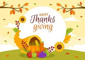 Happy Thanksgiving Day Vector Illustration with Turkey Bird, Pumpkin, Leaves and Many Others Elements Background Flat Cartoon Hand Drawn Templates