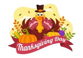 Happy Thanksgiving Day Vector Illustration with Turkey Bird, Pumpkin, Leaves and Many Others Elements Background Flat Cartoon Hand Drawn Templates