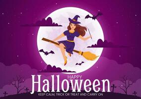 Halloween Night Background Vector Illustration with Pumpkins on the Moonlight and Several Other Elements in Flat Cartoon Hand Drawn Templates