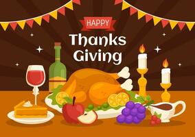 Happy Thanksgiving Day Vector Illustration with Turkey Bird, Pumpkin, Leaves and Many Others Elements Background Flat Cartoon Hand Drawn Templates