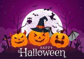 Halloween Night Background Vector Illustration with Pumpkins on the Moonlight and Several Other Elements in Flat Cartoon Hand Drawn Templates