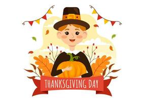 Happy Thanksgiving Day Vector Illustration with Turkey Bird, Pumpkin, Leaves and Many Others Elements Background Flat Cartoon Hand Drawn Templates