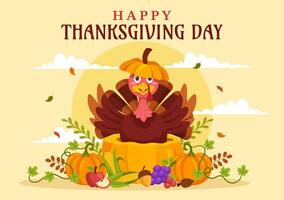 Happy Thanksgiving Day Vector Illustration with Turkey Bird, Pumpkin, Leaves and Many Others Elements Background Flat Cartoon Hand Drawn Templates