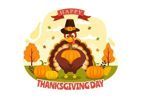 Happy Thanksgiving Day Vector Illustration with Turkey Bird, Pumpkin, Leaves and Many Others Elements Background Flat Cartoon Hand Drawn Templates