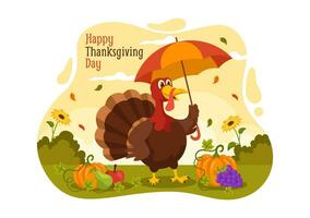 Happy Thanksgiving Day Vector Illustration with Turkey Bird, Pumpkin, Leaves and Many Others Elements Background Flat Cartoon Hand Drawn Templates