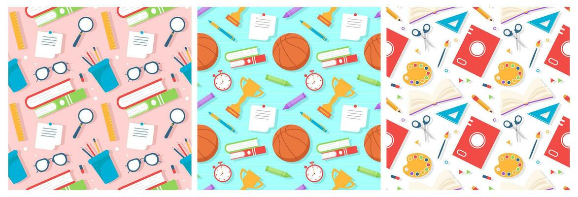 Set of Happy Teacher Seamless Pattern Design Educational Style Elements in Template Hand Drawn Cartoon Flat Illustration