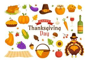 Happy Thanksgiving Day Vector Illustration with Turkey Bird, Pumpkin, Leaves and Many Others Elements Background Flat Cartoon Hand Drawn Templates