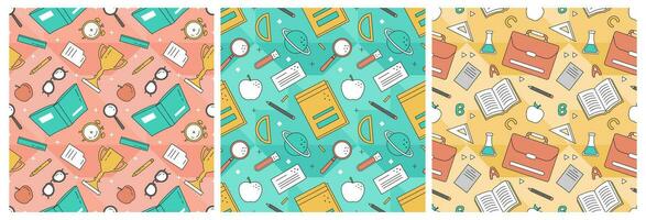 Set of Happy Teacher Seamless Pattern Design Educational Style Elements in Template Hand Drawn Cartoon Flat Illustration vector