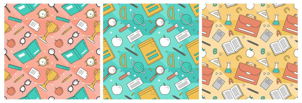 Set of Happy Teacher Seamless Pattern Design Educational Style Elements in Template Hand Drawn Cartoon Flat Illustration