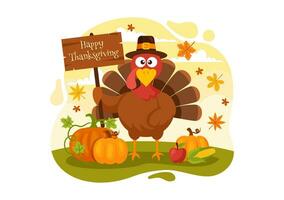 Happy Thanksgiving Day Vector Illustration with Turkey Bird, Pumpkin, Leaves and Many Others Elements Background Flat Cartoon Hand Drawn Templates