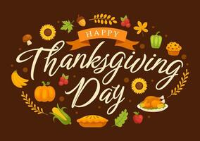 Happy Thanksgiving Day Vector Illustration with Turkey Bird, Pumpkin, Leaves and Many Others Elements Background Flat Cartoon Hand Drawn Templates