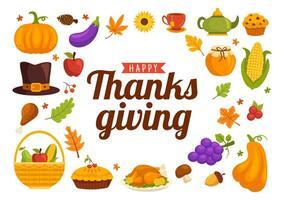 Happy Thanksgiving Day Vector Illustration with Turkey Bird, Pumpkin, Leaves and Many Others Elements Background Flat Cartoon Hand Drawn Templates