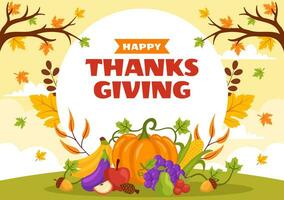 Happy Thanksgiving Day Vector Illustration with Turkey Bird, Pumpkin, Leaves and Many Others Elements Background Flat Cartoon Hand Drawn Templates