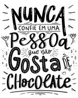 Funny phrase about chocolate in Portuguese. Translation - Never trust a person who does not like chocolate. vector