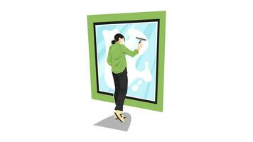 simple animation of woman cleaning window glass using wiper. suitable for the theme of cleanliness, home, health, motherhood, housework, etc. alpha transparency background. flat style video