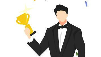 animation of men with suit, neat, formal clothes get award, trophy. isolated white background. concept of competition, actor, achievement, job, win, etc. alpha transparent background. flat style. video